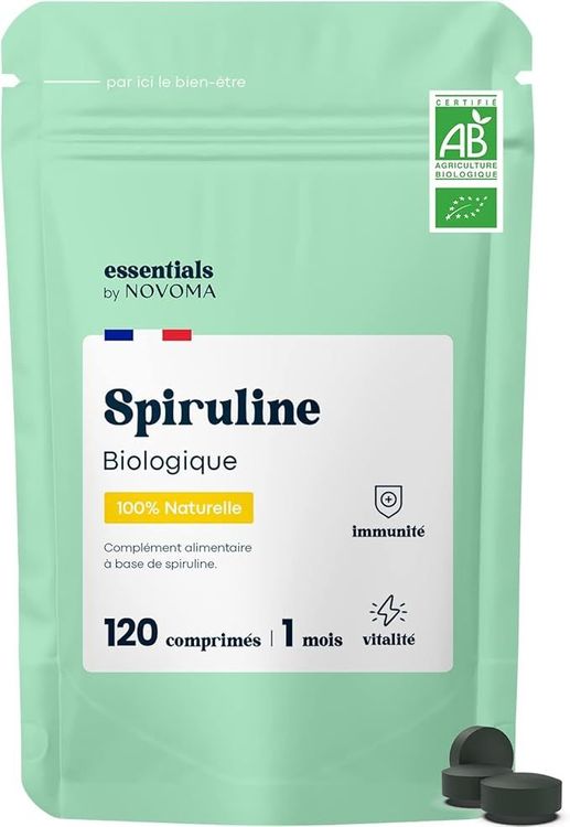 Spiruline Bio 500 mg, Pure et Naturelle, Cure de 1 mois, Réduit la Fatigue, Favorise l'Immunité, 120 Comprimés Vegan, Riche en Protéines et Phycocyanine, Essentials by Novoma