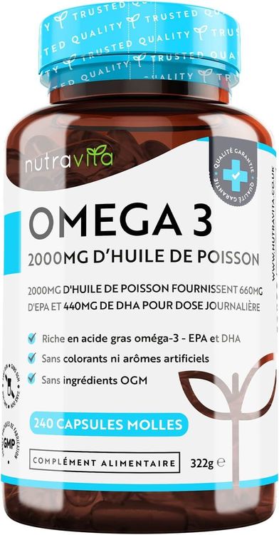 Omega 3 Huile de Poissons Sauvages 2000mg - 240 Gélules (120 Jours) - Haute Concentration en EPA (660mg) & DHA (440mg) Soutien Fonction Cardiaque et une Vision Normale - Fabriqué par Nutravita