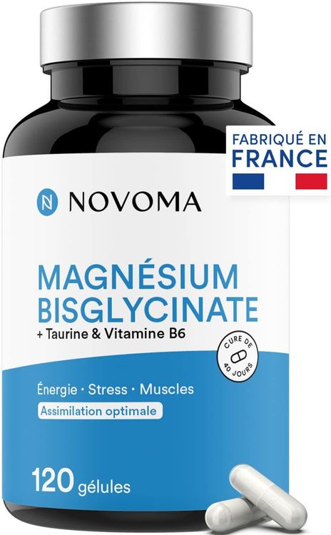 NOVOMA Magnésium Bisglycinate + Taurine & Vitamine B6, Haute Teneur 300mg /j, 120 gélules, Combat la Fatigue et le Stress, Mieux Absorbé que le Magnesium Marin, Fabriqué en France