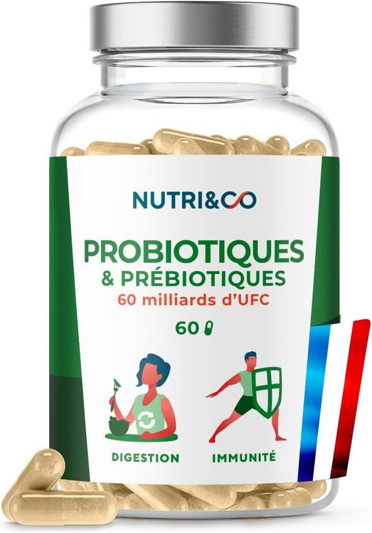 NUTRI & CO Probiotique Flore Intestinale - 60 Milliards UFC/jour - 9 Souches Bio-actives 2 Lactobacillus Brevetées - 60 Gélules Gastro-Résistantes aux Enzymes Digestives - Conditionné en France