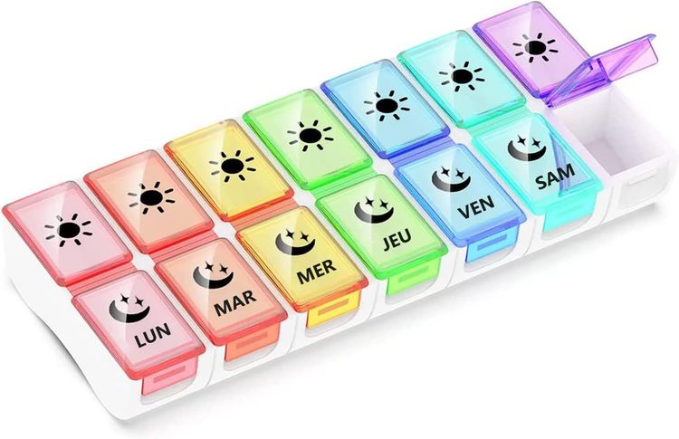 GeekerChip Pilulier Semainier Français Matin et Soir,Piluliers Medicaments 7 Jours 14 Compartiments,Pilulier Hebdomadaire 2 Fois,Facile à Ouvrir(Multicolore)