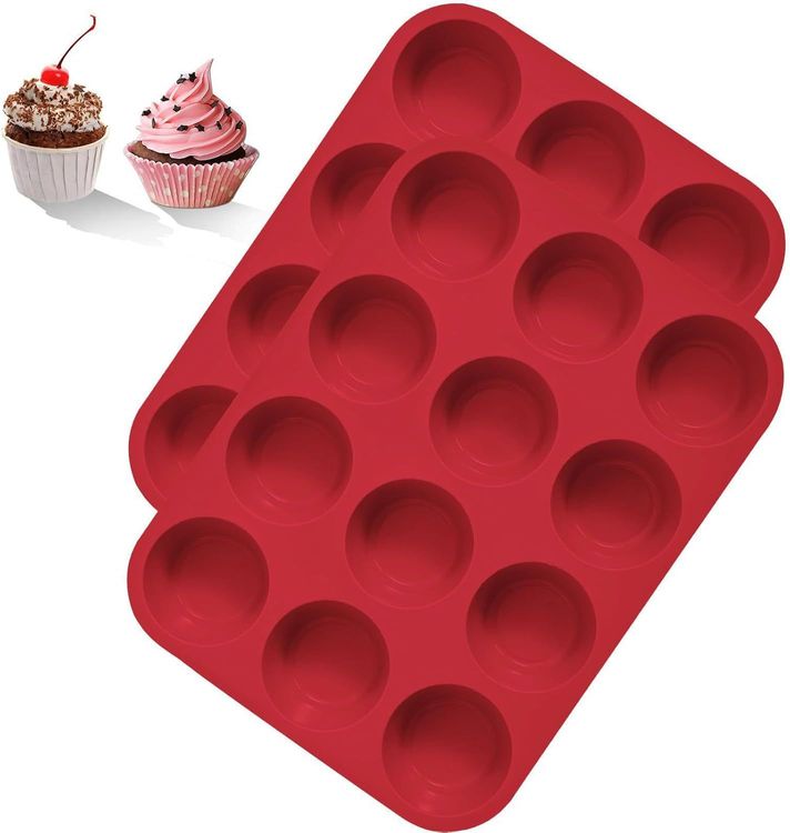 Leseed 2 Pièces Moule Muffins Silicone - Moule Silicone Muffin Sans BPA, Antiadhésif et Facile à Démouler - Réutilisable Moule Cupcake Peut 12 Cupcakes, Compatible Lave-Vaisselle (Rouge)