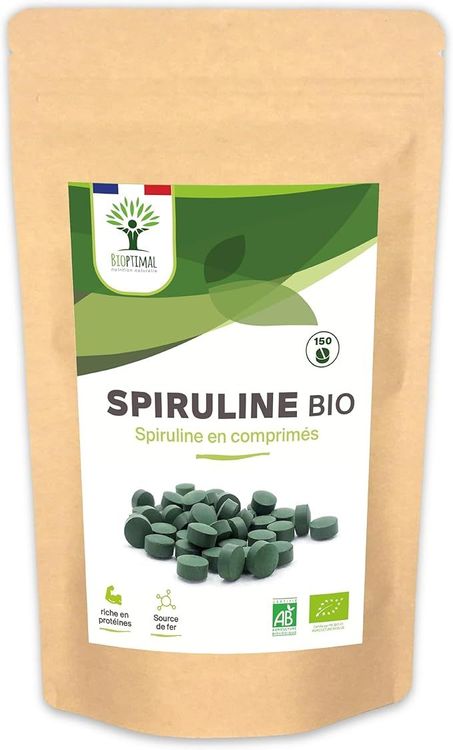 Spiruline Bio - Bioptimal - Complément alimentaire - BCAA Fer Vitamine A - 65% de Protéine - 17% de Phycocyanine - 500 mg/comprimé - Conditionnée en France - Certification Ecocert - 150 comprimés