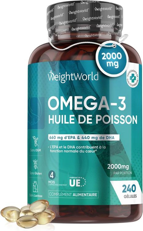 Huile de Poisson Oméga 3 2000mg, 240 Omega 3 Gelules pour 4 Mois-Haute Concentration en EPA 660mg +DHA 440mg, Pour le Cœur, le Cerveau, la Vision, la Tension Artérielle, Fish Oil Omega 3 Sans Odeur