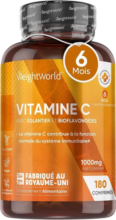 Vitamine C 1000mg Antioxydant Puissant Pour Os, Peau, Fatigue & Systeme Immunitaire -180 Comprimés Vegan (6 Mois), Vitamine C Pure Acide L Ascorbique Avec Cynorhodons (Églantier) & Bioflavonoïdes)