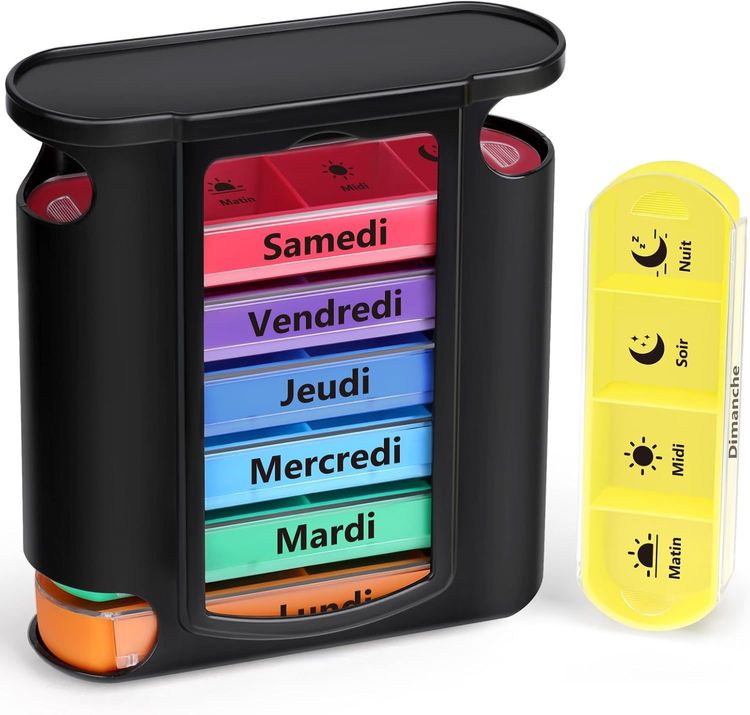 Opret Pilulier Semainier Français (Matin, Midi, Soir et Nuit) - Empilables Tour à Médicaments 7 Jours 28 Compartiments 4 Fois, pour Vitamines Suppléments Pilules (Noire)